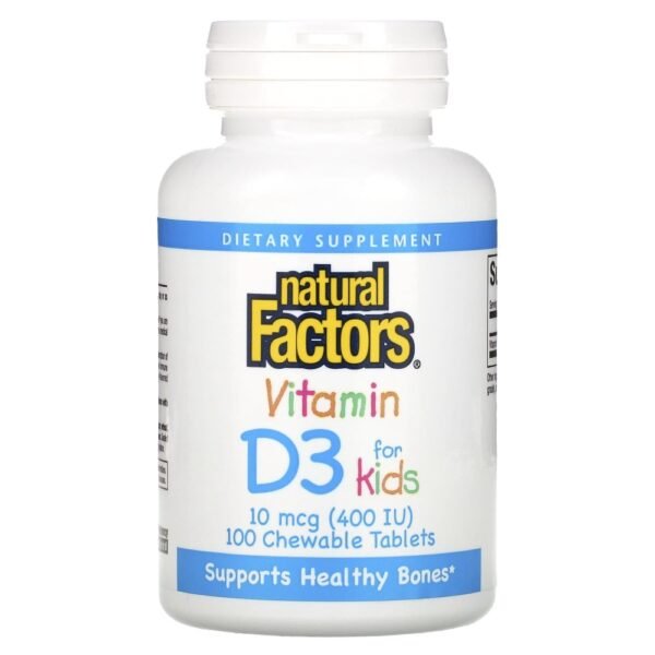 Natural Factors Vitamin D3 for Kids Strawberry 10 mcg (400 IU) 100 Chewable Tablets