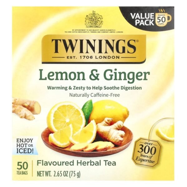 Twinings Flavored Herbal Tea Lemon & Ginger Caffeine Free 50 Tea Bags 75g