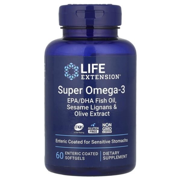 Life Extension Super Omega-3 EPA/DHA Fish Oil Sesame Lignans & Olive Extract 60 Enteric Coated Softgels